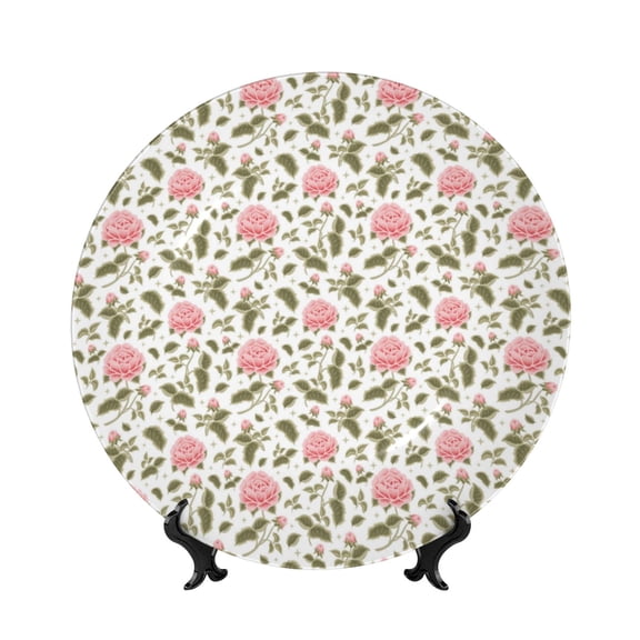 Picia Rose Flowers Pattern Bone China Decorative Plate – Wall Decor with Stand and Adhesive, Elegant Ornament for Living Room, Office, or Entryway-8in