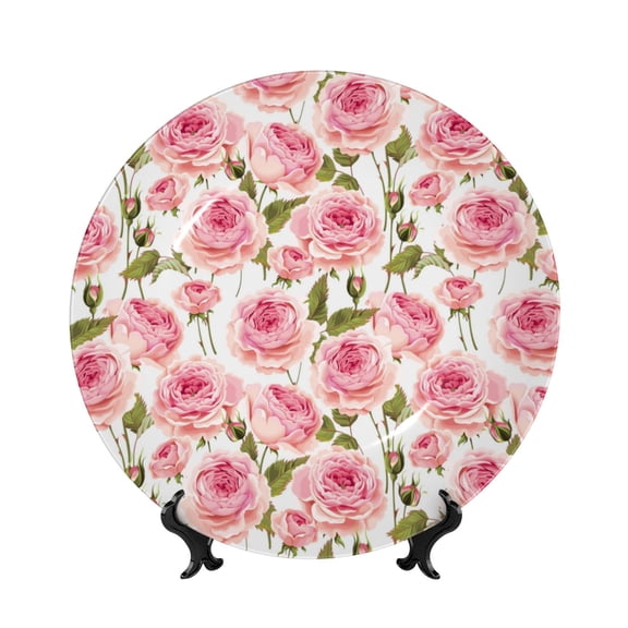 Picia Rose Flowers Pattern Bone China Decorative Plate – Wall Decor with Stand and Adhesive, Elegant Ornament for Living Room, Office, or Entryway-8in