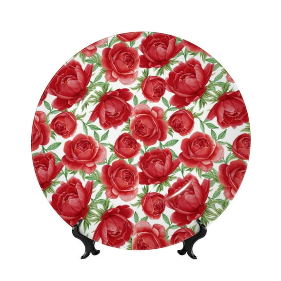 Picia Rose Flowers Pattern Bone China Decorative Plate – Wall Decor with Stand and Adhesive, Elegant Ornament for Living Room, Office, or Entryway-8in