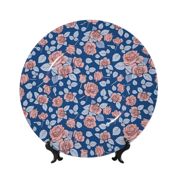 Picia Rose Flowers Pattern Bone China Decorative Plate – Wall Decor with Stand and Adhesive, Elegant Ornament for Living Room, Office, or Entryway-8in