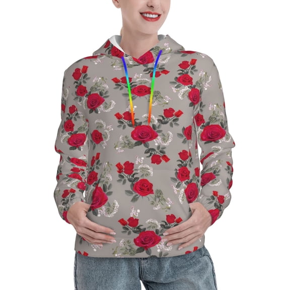 Picia Rose Flowers Pattern Casual Women's Hoodie, Hooded Sweatshirt with Kangaroo Pocket, Comfortable Pullover with Eye-catching Drawstrings-Large