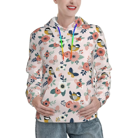 Picia Rose Flowers Pattern Casual Women's Hoodie, Hooded Sweatshirt with Kangaroo Pocket, Comfortable Pullover with Eye-catching Drawstrings-Small