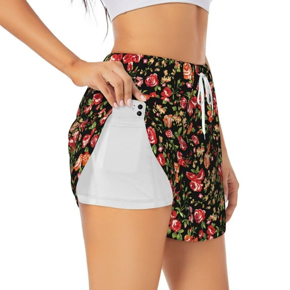 Picia Rose Flowers Pattern Women's 2 in 1 Athletic Running Shorts High Waisted Workout Casual Gym Sweat Shorts with Comfy Liner Zipper Pockets-Small
