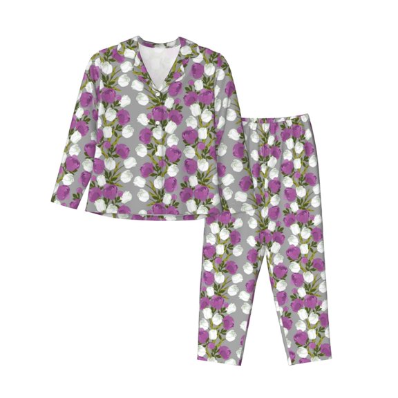 Picia Rose Flowers Pattern Women’s Long-Sleeve Sleepwear Set - Soft 2-Piece Loungewear with Pockets, Comfy PJs for Relaxing Nights-Large