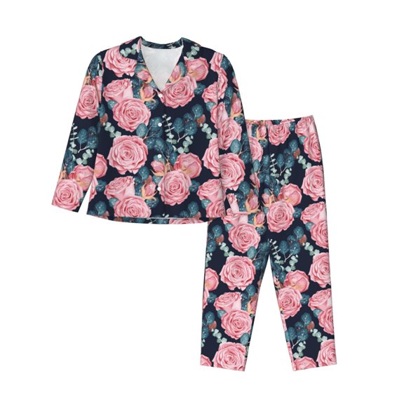 Picia Rose Flowers Pattern Women’s Long-Sleeve Sleepwear Set - Soft 2-Piece Loungewear with Pockets, Comfy PJs for Relaxing Nights-Small