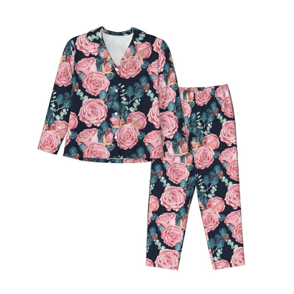 Picia Rose Flowers Pattern Women’s Long-Sleeve Sleepwear Set - Soft 2-Piece Loungewear with Pockets, Comfy PJs for Relaxing Nights-X-Large