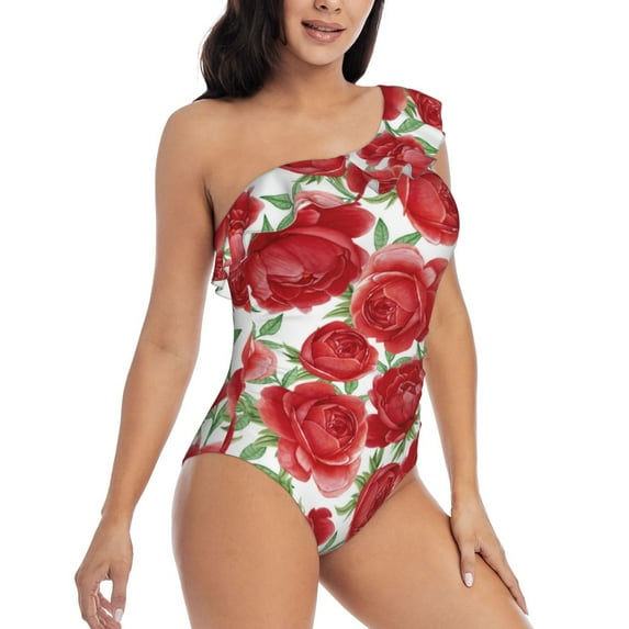 Picia Rose Flowers Pattern Women's One Piece Swimsuits,One Shoulder Swimwear Asymmetric ,Ruffle Monokinis Bathing Suits,High Waisted Flattering Bathing Suits-Small