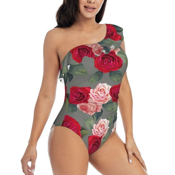 Picia Rose Flowers Pattern Women's One Piece Swimsuits,One Shoulder Swimwear Asymmetric ,Ruffle Monokinis Bathing Suits,High Waisted Flattering Bathing Suits-Small