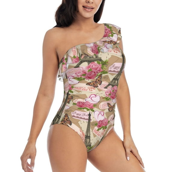 Picia Rose Flowers Pattern Women's One Piece Swimsuits,One Shoulder Swimwear Asymmetric ,Ruffle Monokinis Bathing Suits,High Waisted Flattering Bathing Suits-