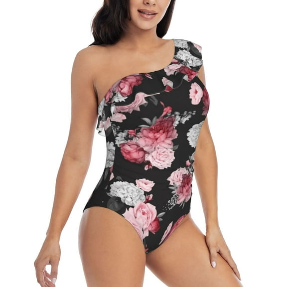 Picia Rose Flowers Pattern Women's One Piece Swimsuits,One Shoulder Swimwear Asymmetric ,Ruffle Monokinis Bathing Suits,High Waisted Flattering Bathing Suits-XX-Large