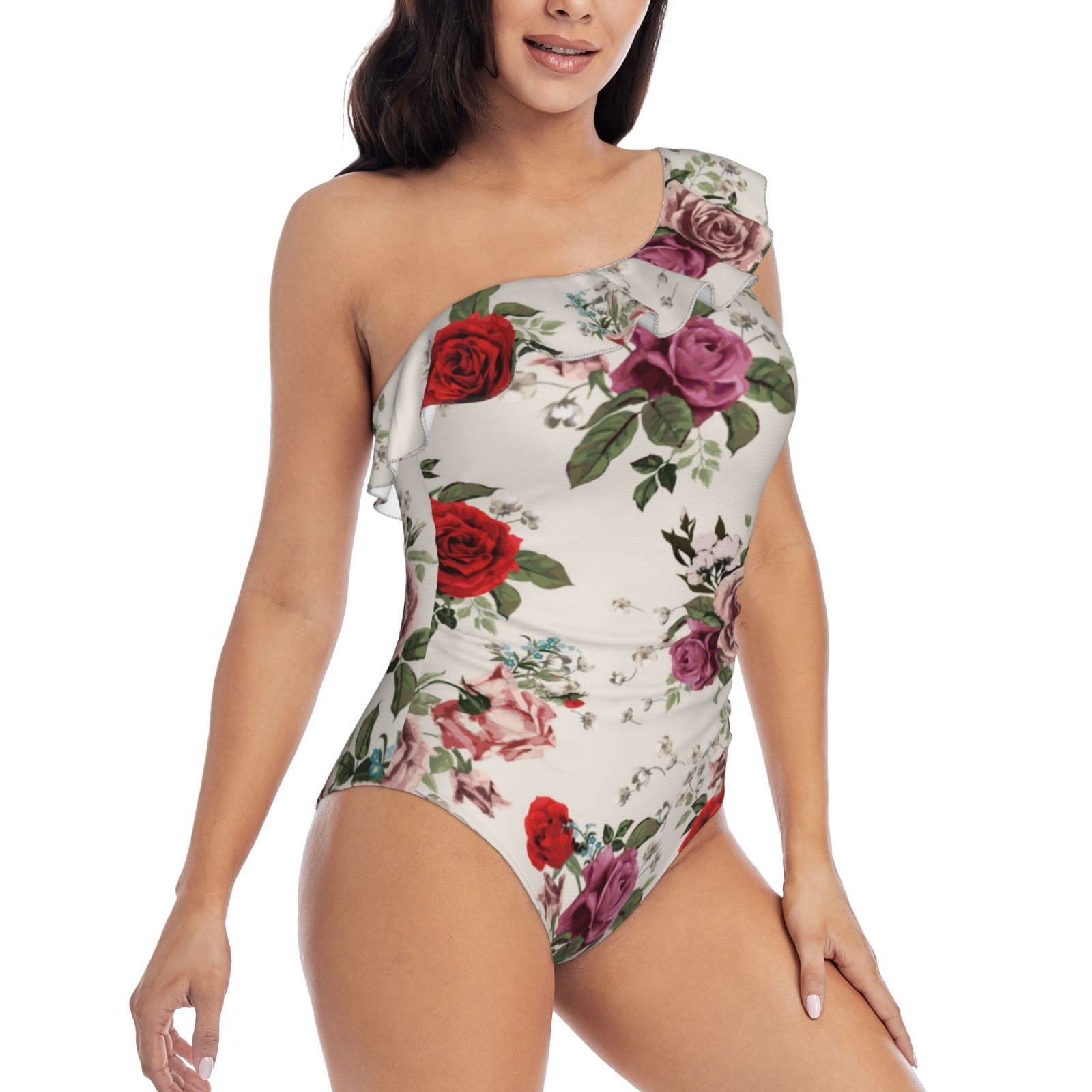 Picia Rose Flowers Pattern Women's One Piece Swimsuits,One Shoulder