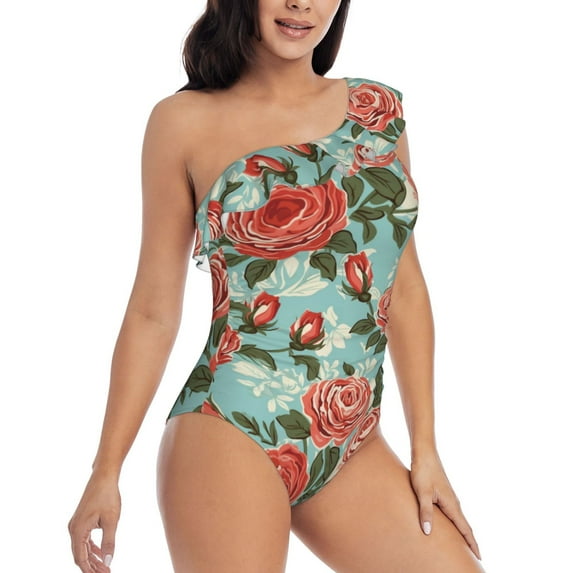 Picia Rose Flowers Pattern Women's One Piece Swimsuits,One Shoulder Swimwear Asymmetric ,Ruffle Monokinis Bathing Suits,High Waisted Flattering Bathing Suits-