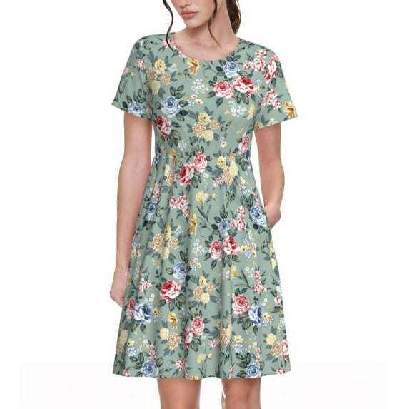 Picia Rose Flowers Pattern Women's Short Sleeve Summer Dress Pleated Loose Swing Knee Length Short Sleeve Swing Dresses