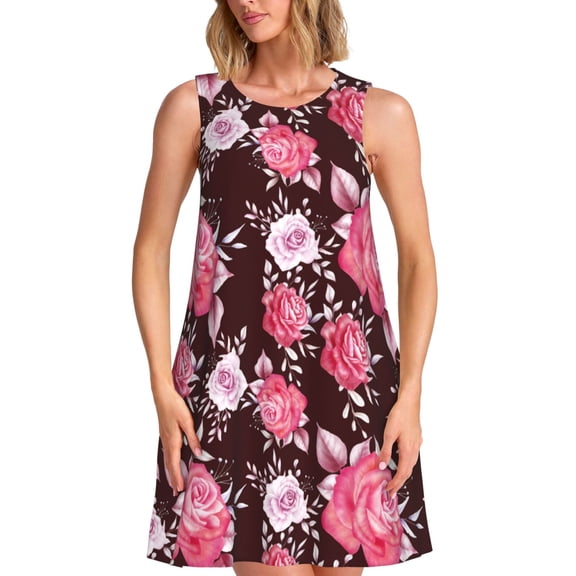 Picia Rose Flowers Print Women’s Sleeveless Midi Swing Dress – A-Line Pleated Tank Sundress, Comfortable and Flowy T-Shirt Dress