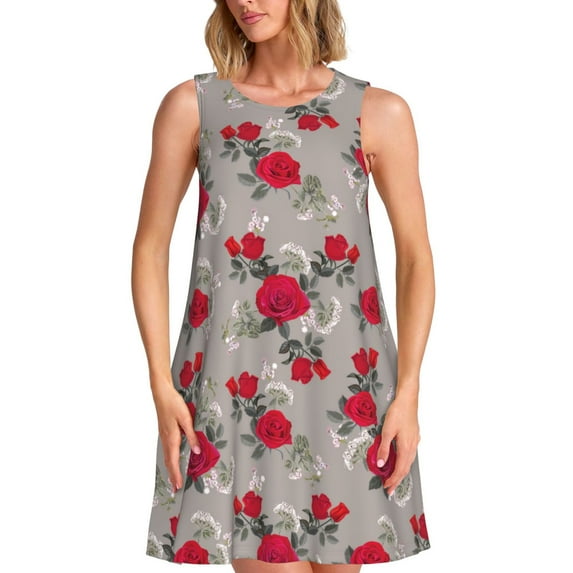 Picia Rose Flowers Print Women’s Sleeveless Midi Swing Dress – A-Line Pleated Tank Sundress, Comfortable and Flowy T-Shirt Dress