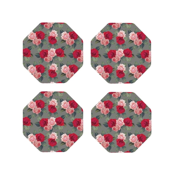 Picia Rose Flowers Printed Leather Coasters for Drinks, 4" Drink Coasters Set of 4 for Tabletop Protection, Handmade Luxurious Home Décor and Housewarming Gift -Octagon