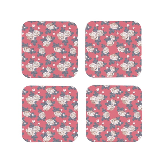 Picia Rose Flowers Printed Leather Coasters for Drinks, 4" Drink Coasters Set of 4 for Tabletop Protection, Handmade Luxurious Home Décor and Housewarming Gift -Square