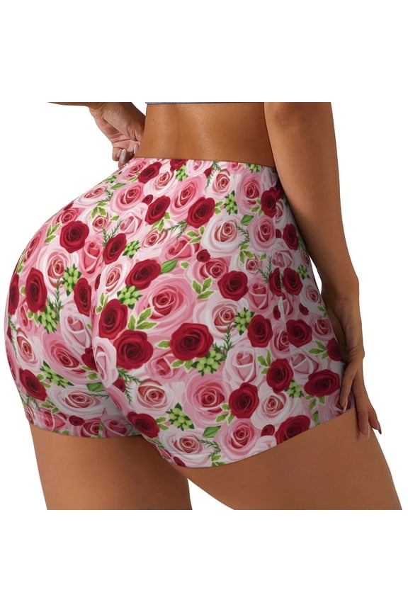 Rose Flowers Printed Workout Shorts for Women Seamless Scrunch Butt Lifting High Waisted Yoga Gym Booty Running Moisture-wicking Short Pants-Large