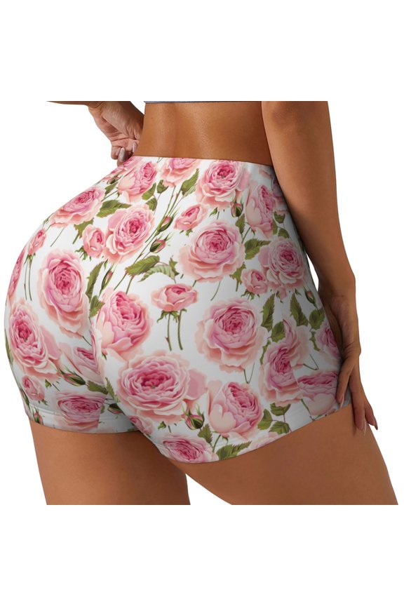 Rose Flowers Printed Workout Shorts for Women Seamless Scrunch Butt Lifting High Waisted Yoga Gym Booty Running Moisture-wicking Short Pants-Large