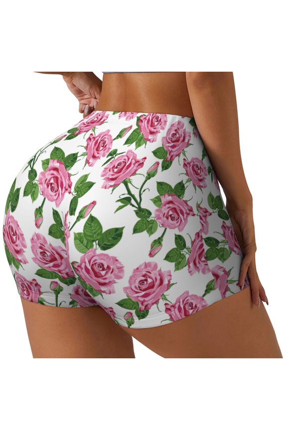 Rose Flowers Printed Workout Shorts for Women Seamless Scrunch Butt Lifting High Waisted Yoga Gym Booty Running Moisture-wicking Short Pants-Large