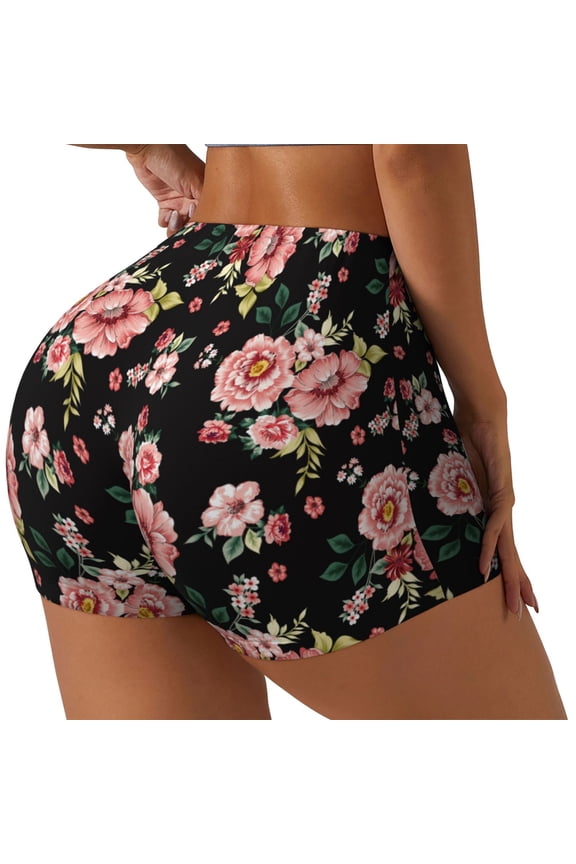 Rose Flowers Printed Workout Shorts for Women Seamless Scrunch Butt Lifting High Waisted Yoga Gym Booty Running Moisture-wicking Short Pants-Large