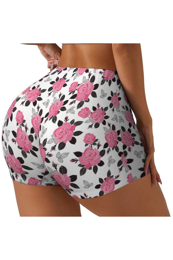 Rose Flowers Printed Workout Shorts for Women Seamless Scrunch Butt Lifting High Waisted Yoga Gym Booty Running Moisture-wicking Short Pants-Large