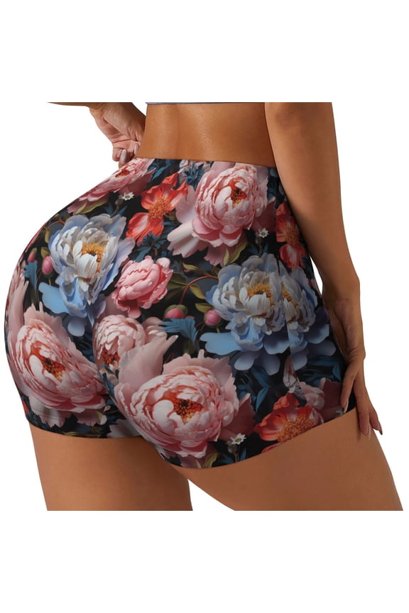 Rose Flowers Printed Workout Shorts for Women Seamless Scrunch Butt Lifting High Waisted Yoga Gym Booty Running Moisture-wicking Short Pants-Large
