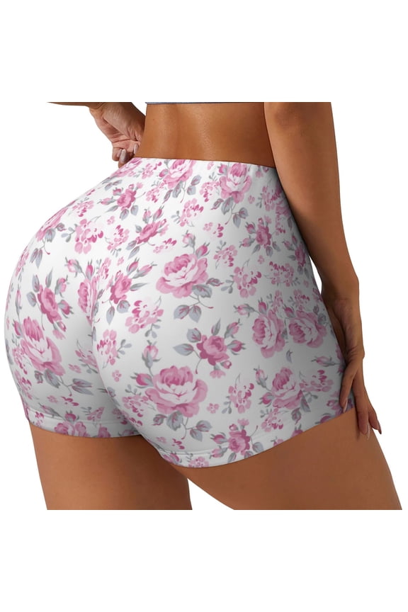 Rose Flowers Printed Workout Shorts for Women Seamless Scrunch Butt Lifting High Waisted Yoga Gym Booty Running Moisture-wicking Short Pants-Medium