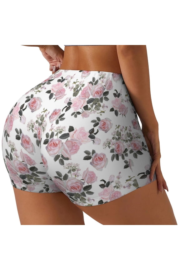 Rose Flowers Printed Workout Shorts for Women Seamless Scrunch Butt Lifting High Waisted Yoga Gym Booty Running Moisture-wicking Short Pants-Medium