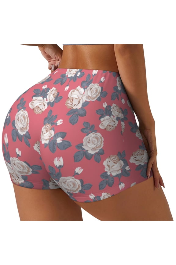 Rose Flowers Printed Workout Shorts for Women Seamless Scrunch Butt Lifting High Waisted Yoga Gym Booty Running Moisture-wicking Short Pants-Medium