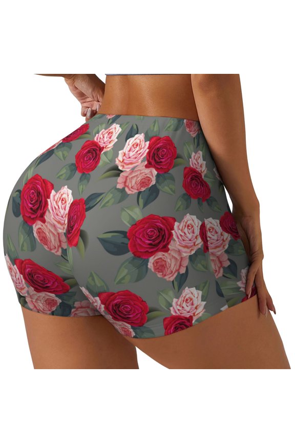 Rose Flowers Printed Workout Shorts for Women Seamless Scrunch Butt Lifting High Waisted Yoga Gym Booty Running Moisture-wicking Short Pants-Medium