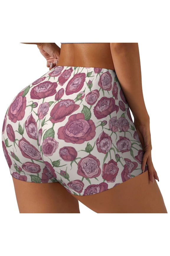 Rose Flowers Printed Workout Shorts for Women Seamless Scrunch Butt Lifting High Waisted Yoga Gym Booty Running Moisture-wicking Short Pants-Medium