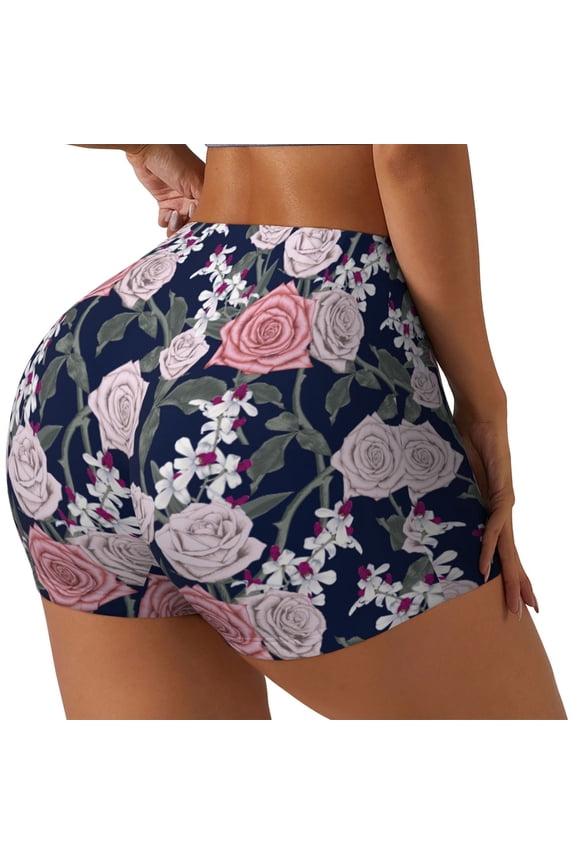 Rose Flowers Printed Workout Shorts for Women Seamless Scrunch Butt Lifting High Waisted Yoga Gym Booty Running Moisture-wicking Short Pants-X-Large