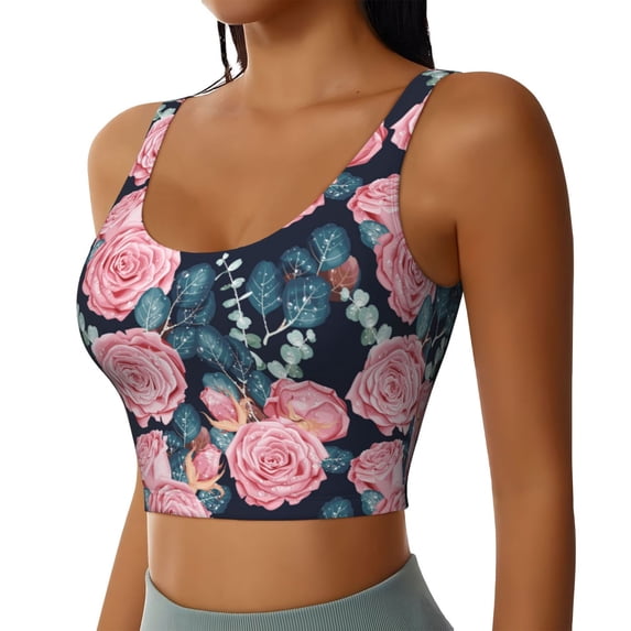 Picia Rose Flowers Sports Bra for Women,Padded Strappy Sports Bras Medium Support Yoga Bra with Removable Cups,Running Yoga Bra-X-Large