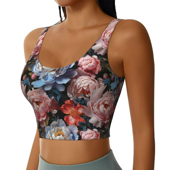 Picia Rose Flowers Sports Bra for Women,Padded Strappy Sports Bras Medium Support Yoga Bra with Removable Cups,Running Yoga Bra-