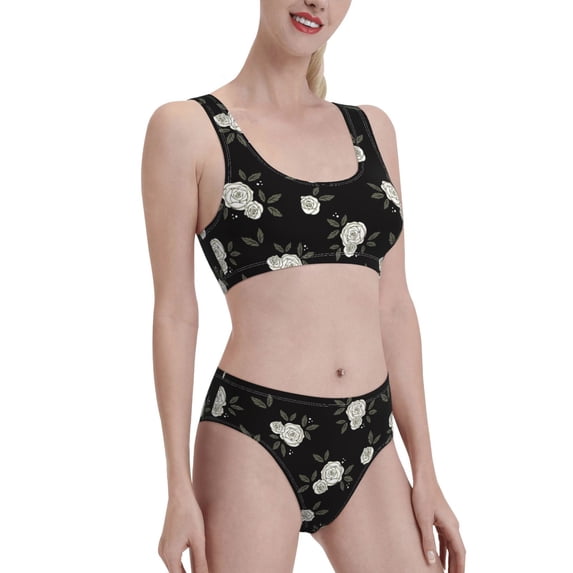 Picia Rose Flowers Women's High Waisted Bikini Scoop Neck Swimsuit Two Pieces Bathing Suit-