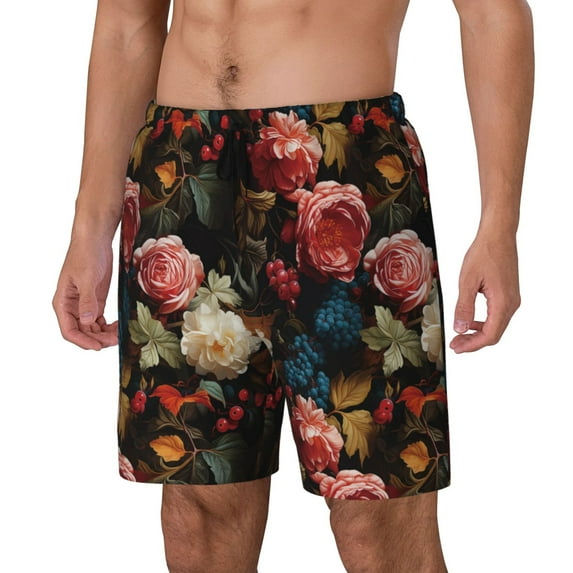 Picia Rose Flowers pattern Mens Swim Trunks with Compression Liner Stretch Beach Shorts Quick Dry with Zipper Pockets No-Chafing Board Shorts-3X-Large
