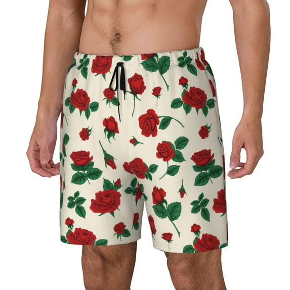 Picia Rose Flowers pattern Mens Swim Trunks with Compression Liner Stretch Beach Shorts Quick Dry with Zipper Pockets No-Chafing Board Shorts-Large