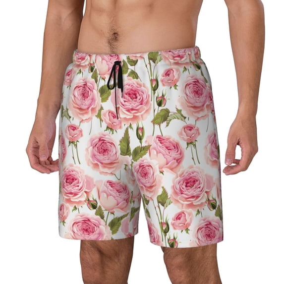 Picia Rose Flowers pattern Mens Swim Trunks with Compression Liner Stretch Beach Shorts Quick Dry with Zipper Pockets No-Chafing Board Shorts-Small