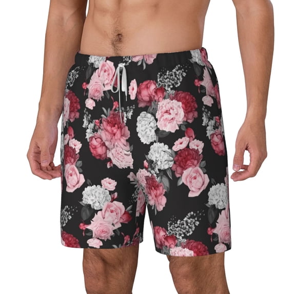 Picia Rose Flowers pattern Mens Swim Trunks with Compression Liner Stretch Beach Shorts Quick Dry with Zipper Pockets No-Chafing Board Shorts-X-Large