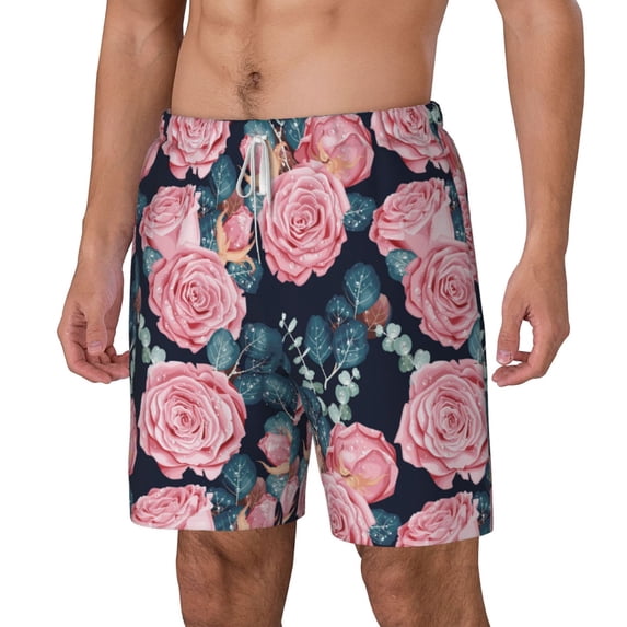 Picia Rose Flowers pattern Mens Swim Trunks with Compression Liner Stretch Beach Shorts Quick Dry with Zipper Pockets No-Chafing Board Shorts-X-Large