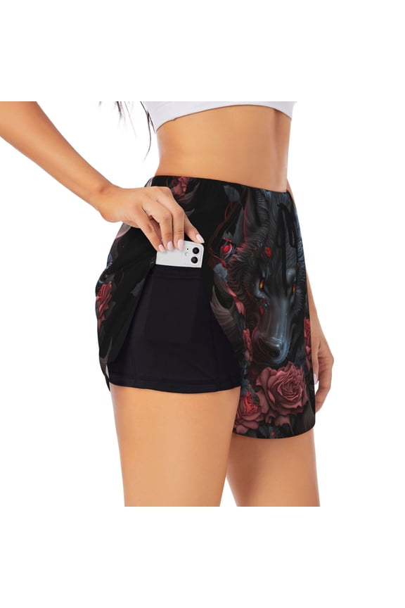 Rose Full Moon Black Wolf Pattern Women's 2 in 1 Athletic Running Shorts High Waisted Workout Casual Gym Sweat Shorts with Comfy Liner Zipper Pockets-