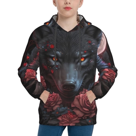 Picia Rose Full Moon Black Wolf Pattern Youth Hoodie - Warm Pullover Sweatshirt with Kangaroo Pocket, Ideal for Boys and Girls-Small