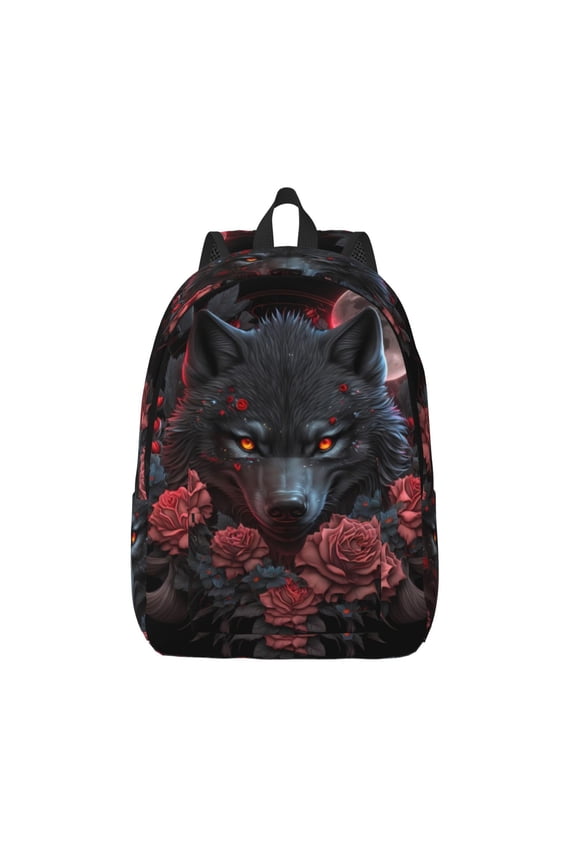 Rose Full Moon Black Wolf Printed Canvas Daypack - Stylish and Durable Vintage Compact Backpack - Class, Work, Travel, or Laptop Bookbag,Organized Compartments-Medium