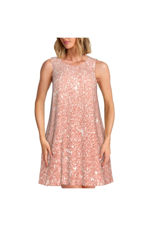 Rose Gold Glitter Print Women’s Sleeveless Midi Swing Dress – A-Line Pleated Tank Sundress, Comfortable and Flowy T-Shirt Dress