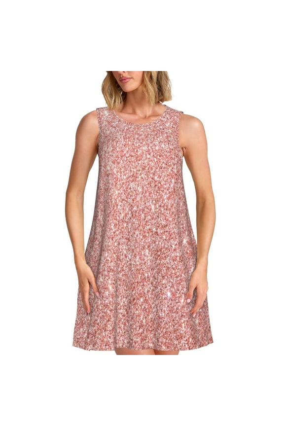 Rose Gold Glitter Print Women’s Sleeveless Midi Swing Dress – A-Line Pleated Tank Sundress, Comfortable and Flowy T-Shirt Dress