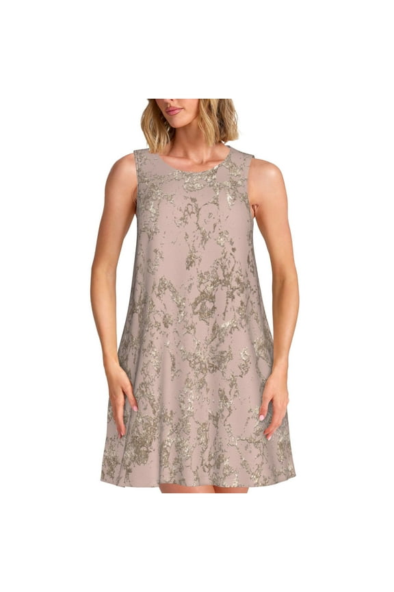 Rose Gold Marble Texture Print Women’s Sleeveless Midi Swing Dress – A-Line Pleated Tank Sundress, Comfortable and Flowy T-Shirt Dress