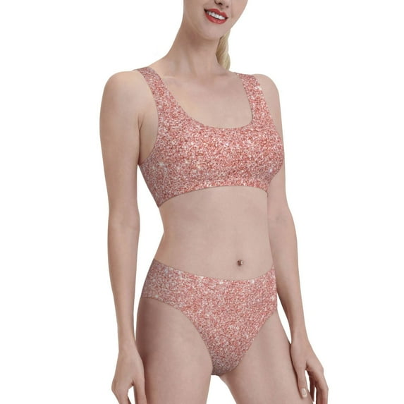 Picia Rose Gold Pink Glitter Women's High Waisted Bikini Scoop Neck Swimsuit Two Pieces Bathing Suit-