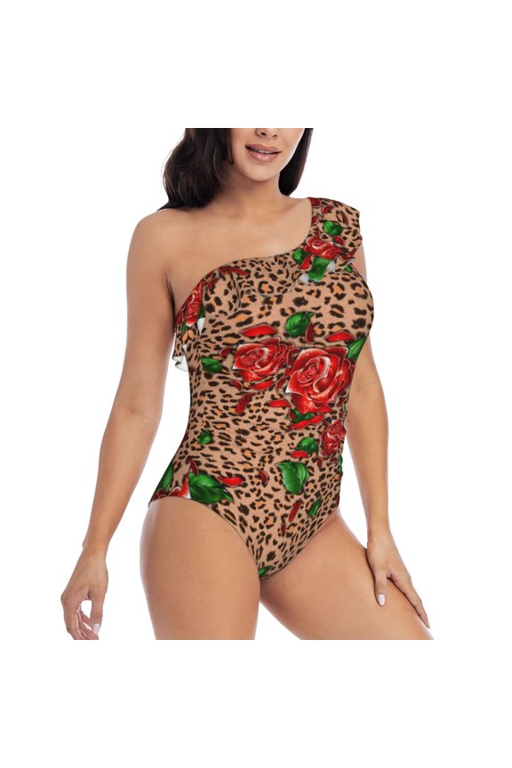 Rose Mix Leopard 1 Pattern Women's One Piece Swimsuits,One Shoulder Swimwear Asymmetric ,Ruffle Monokinis Bathing Suits,High Waisted Flattering Bathing Suits-Small
