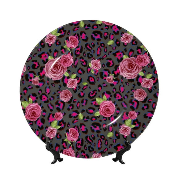 Picia Rose Mix Leopard 2 Pattern Bone China Decorative Plate – Wall Decor with Stand and Adhesive, Elegant Ornament for Living Room, Office, or Entryway-6in